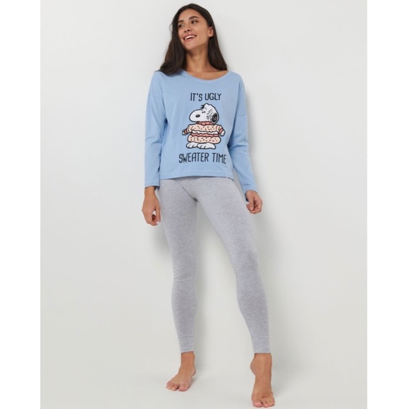 Peanuts Snoopy Women's Cotton Two Piece Lounge Sets Shirt Leggings Blue Gray NWT - Picture 1 of 8